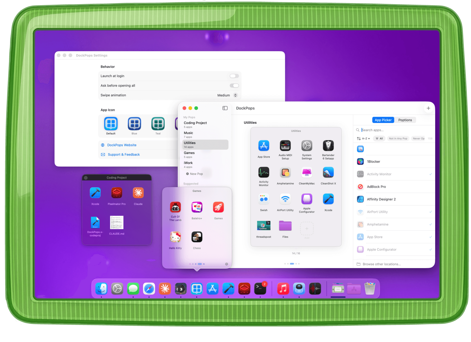 DockPops in action — Settings window, Pop organizer, an open Pop in the Dock, a popped-out Music window, and a Games Pop
